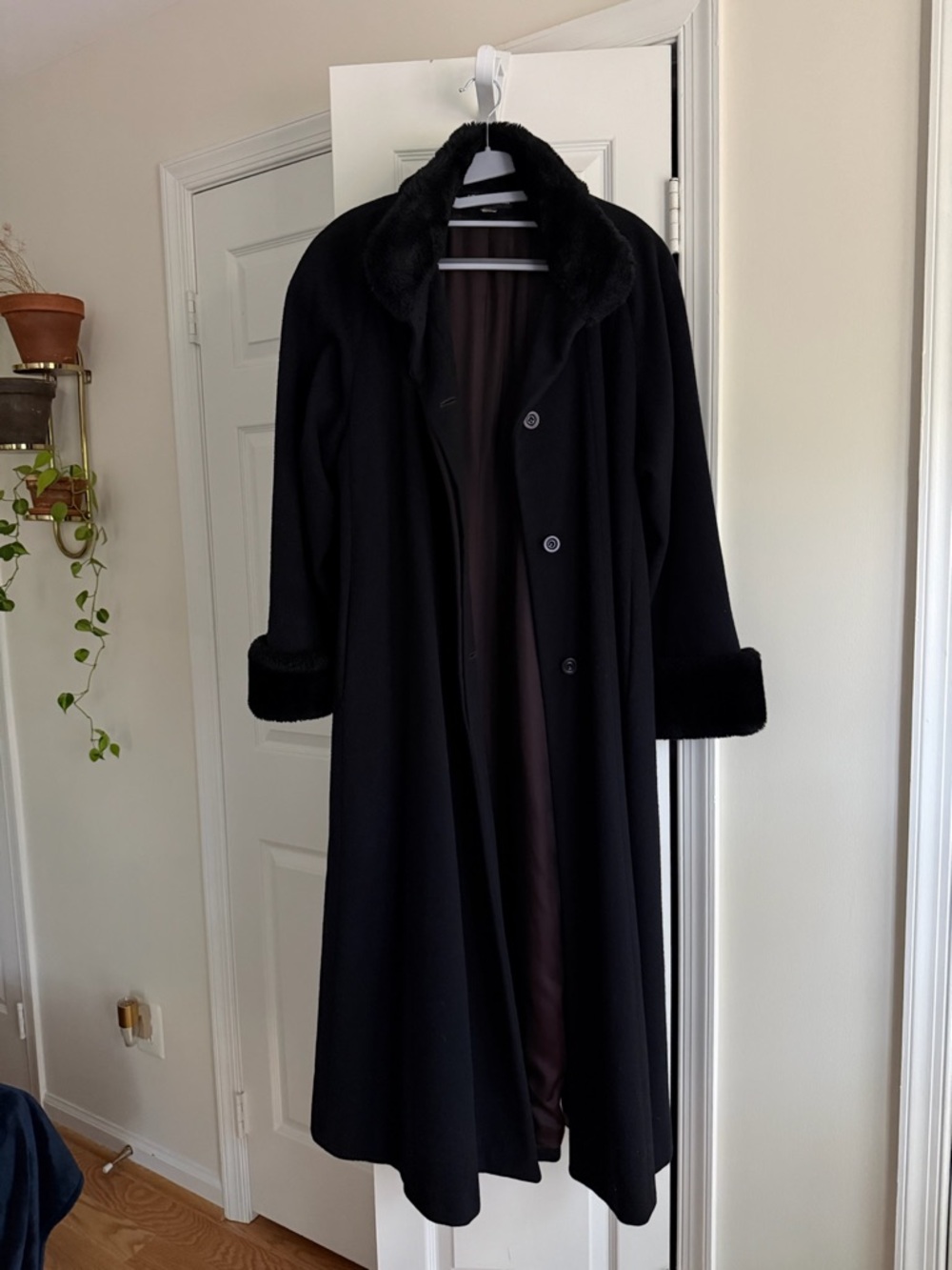 Vintage Black Wool Coat Fur Trim Long Maxi Coat Steve by Searle Size 6 - Picture 7 of 8